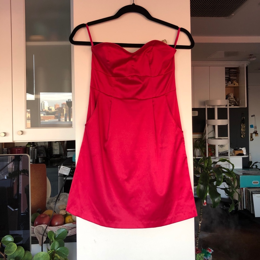 Strapless carnation pink stretch satin mini